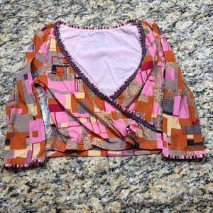 Y2K Girdear Pink Orange Geometric Patchwork Wrap Top V-Neck Long Sleeve Size 2 v